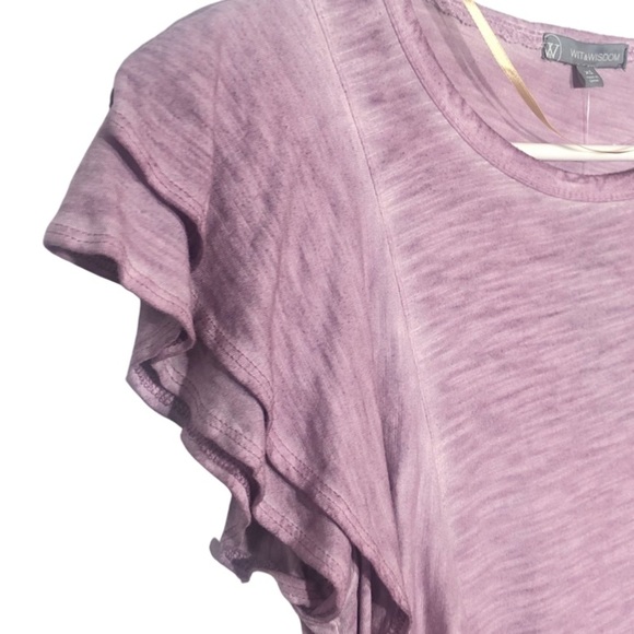 NWT Democracy Wit & Wisdom Mineral Wash Mauve Shadow Flutter Trim Top - Picture 3 of 7